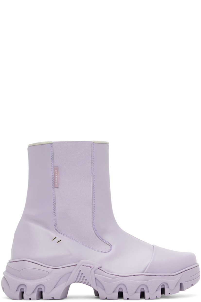 Ankle-high buffed faux-leather boots in purple.

· Elasticized gusset at sides
· Textile logo flag at outer side
· Faux-leather lining
· Sculptural rubber platform midsole
· Treaded rubber outsole
· Platform: H2 in

Supplier color: Heather apple leather