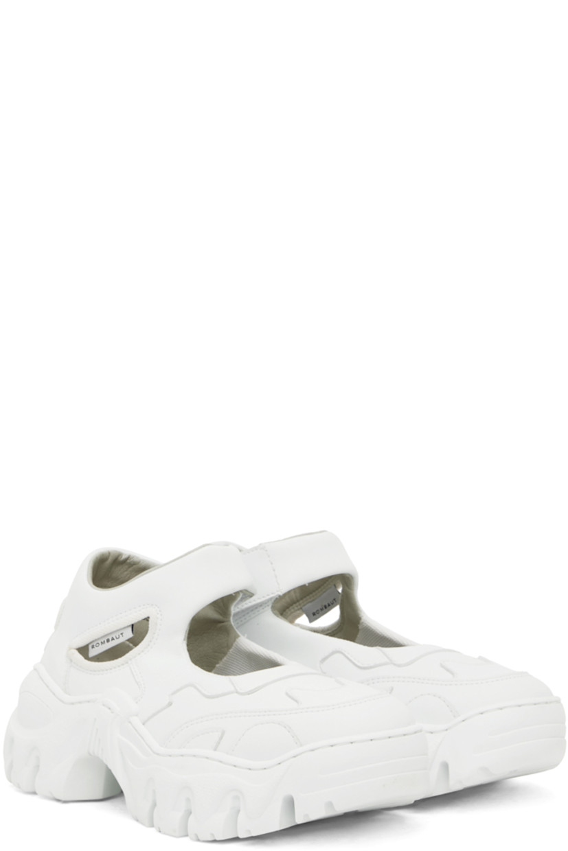 Handcrafted high-top grained faux-leather sneakers in white. Cutouts throughout.

· Paneled construction
· Velcro ankle strap
· Textile logo flag at outer side
· Logo engraved at heel counter
· Mesh lining
· Sculptural rubber platform midsole
· Treaded rubber outsole
· Platform: H2 in

Supplier color: White