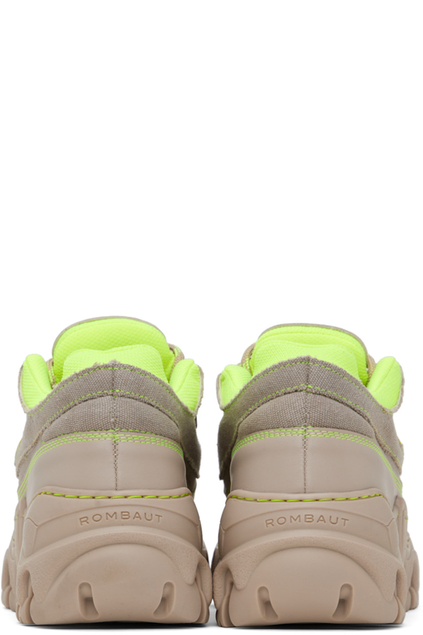 Handcrafted low-top paneled canvas and buffed faux-leather sneakers in beige.

· Lace-up closure
· Logo patch at padded tongue
· Padded collar
· Rubberized logo patch at outer side
· Logo embossed at heel counter
· Sculptural TPU platform midsole
· Treaded TPU outsole
· Platform: H2 in

Supplier color: Desert