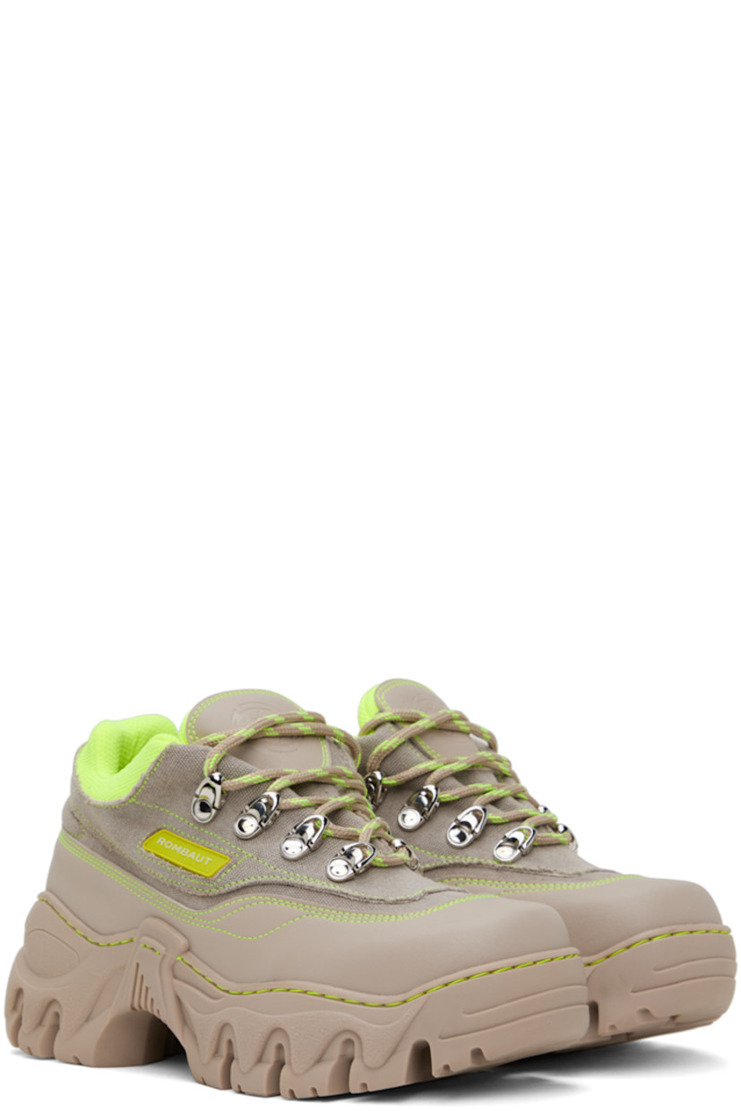Handcrafted low-top paneled canvas and buffed faux-leather sneakers in beige.

· Lace-up closure
· Logo patch at padded tongue
· Padded collar
· Rubberized logo patch at outer side
· Logo embossed at heel counter
· Sculptural TPU platform midsole
· Treaded TPU outsole
· Platform: H2 in

Supplier color: Desert