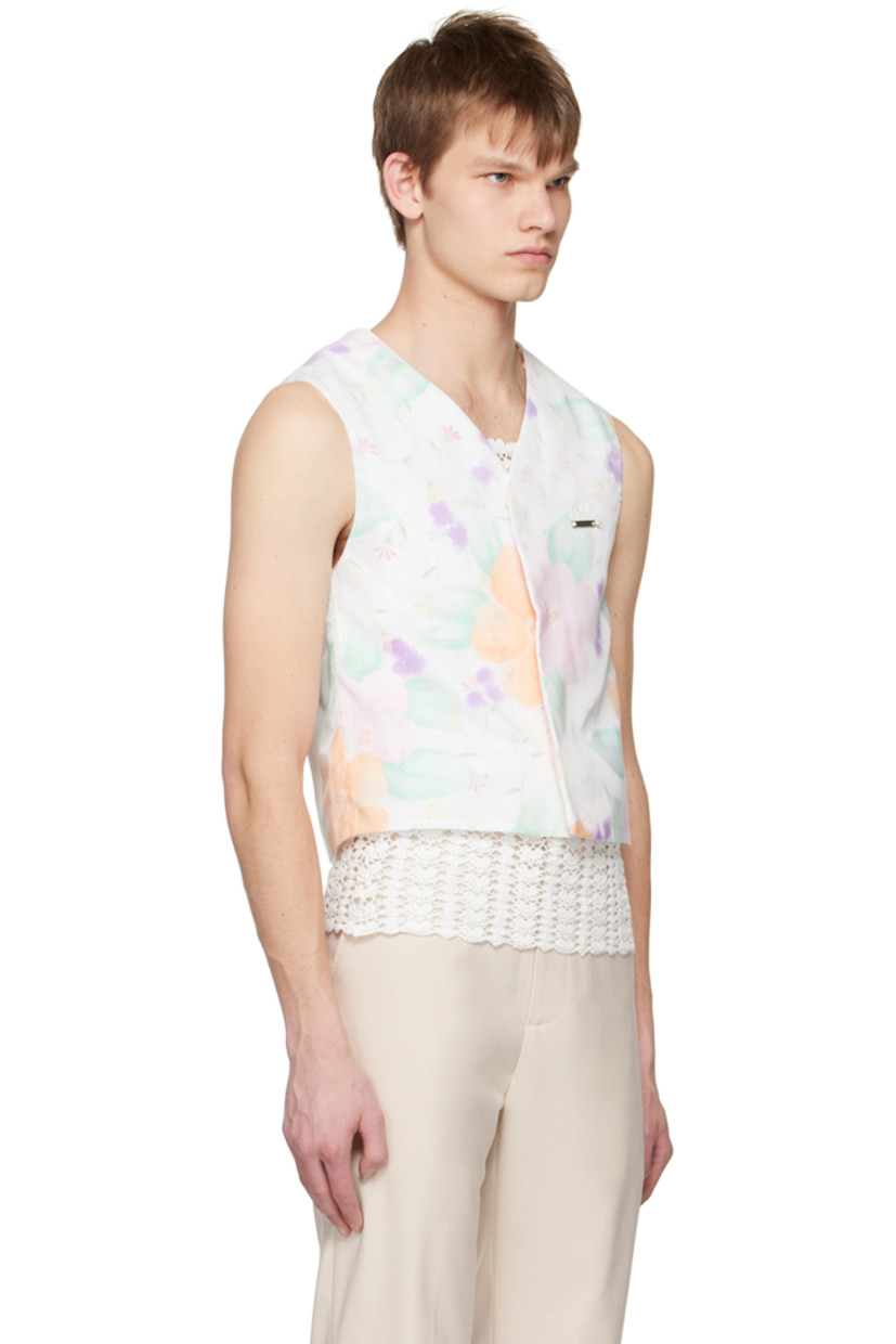 Polyester chiffon and plain-woven cotton vest. Fil-coupé and floral pattern printed throughout.

· Layered construction
· Y-neck
· Concealed magnetic press-stud closure
· Logo plaque with embroidered and embellished detailing at chest

Supplier color: Flower