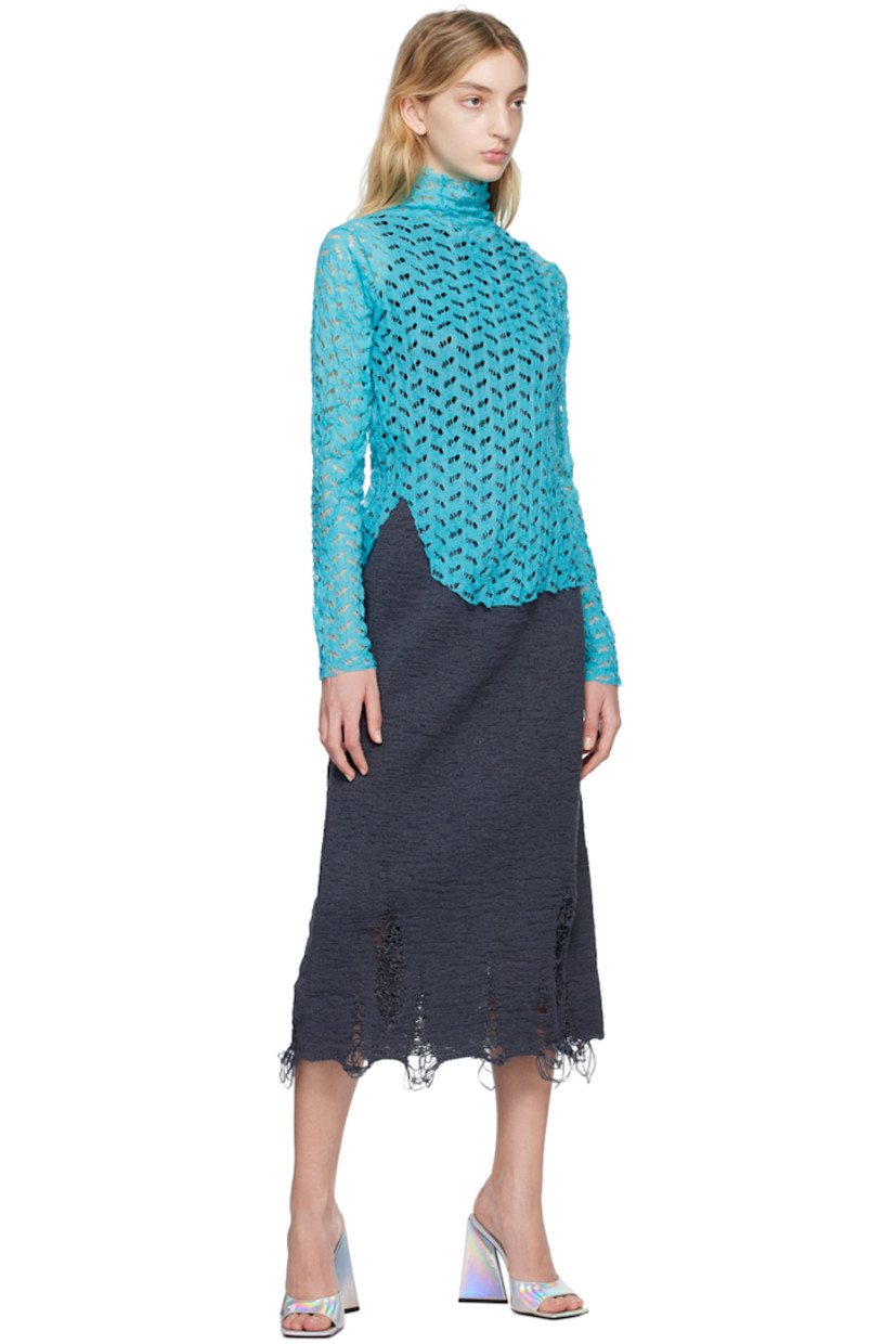 Sheer open knit stretch nylon turtleneck. Distressing throughout.

· Asymmetric construction
· Vented side seams

Exclusively available at SSENSE.

Supplier color: Blue