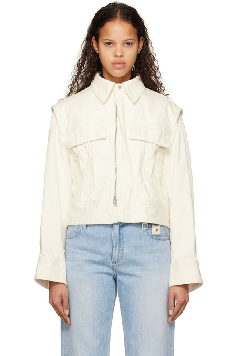 Non-stretch denim jacket.

· Paneled construction
· Spread collar
· Two-way zip closure
· Mock flap pockets at chest
· Welt pockets at waist
· Press-stud fastening at cuffs
· Logo hardware at back collar
· Leather logo patch at back hem

Supplier color: Ivory