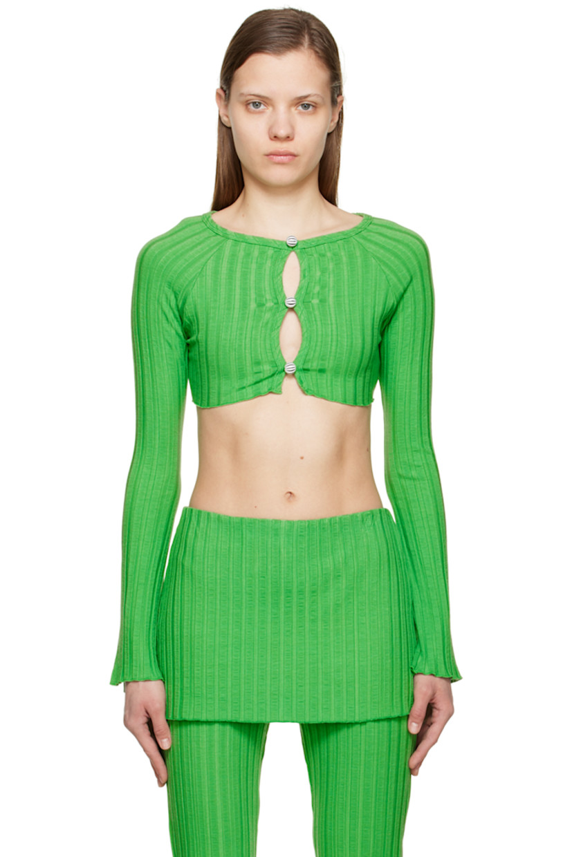 Stretch rib knit viscose cardigan.

· Boat neck
· Button closure
· Lettuce edge at hem and cuffs
· Raglan sleeves

Supplier color: Grass green