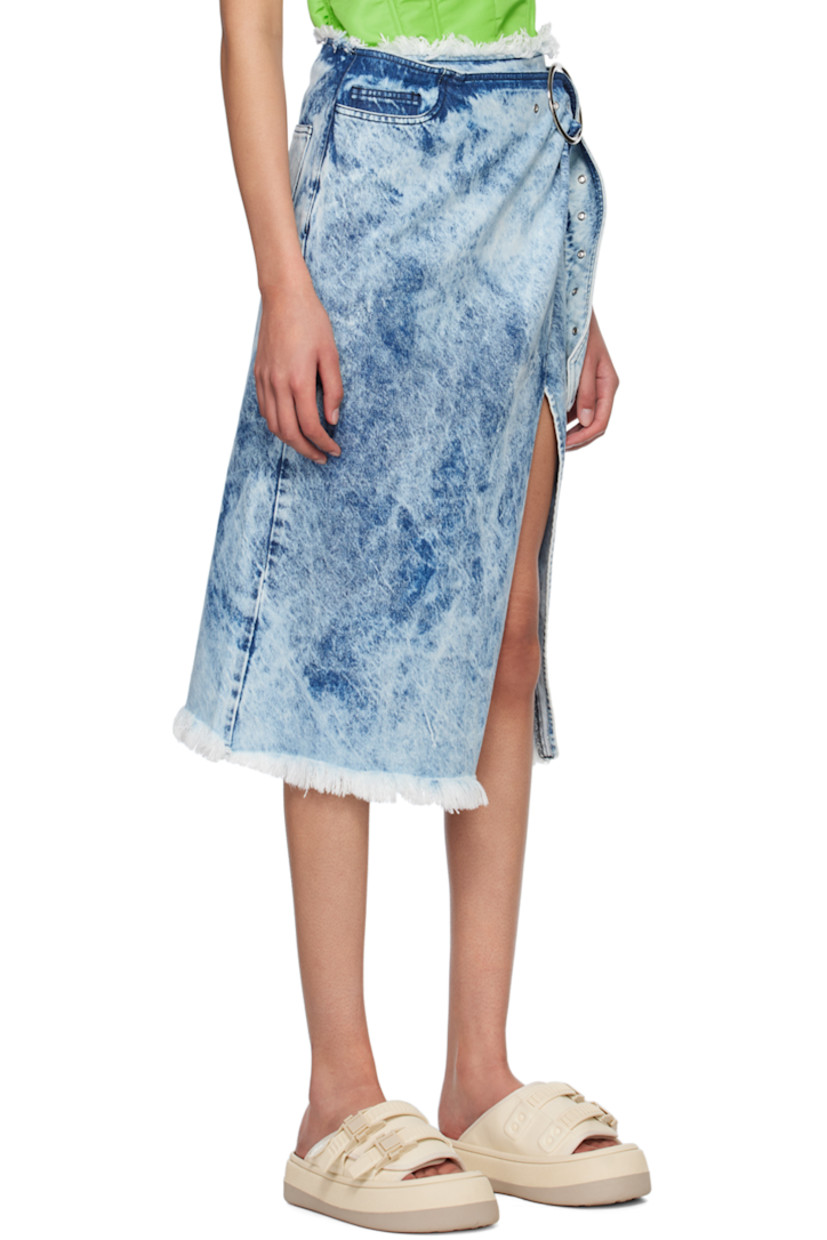 Recycled and organic cotton-blend non-stretch denim skirt. Frayed detailing and bleached effect throughout.

· Wrap construction
· Integrated pin-buckle belt at waist
· Four-pocket styling
· Offset vent at front hem
· Central vent at back hem
· Silver-tone hardware

Supplier color: Acid wash