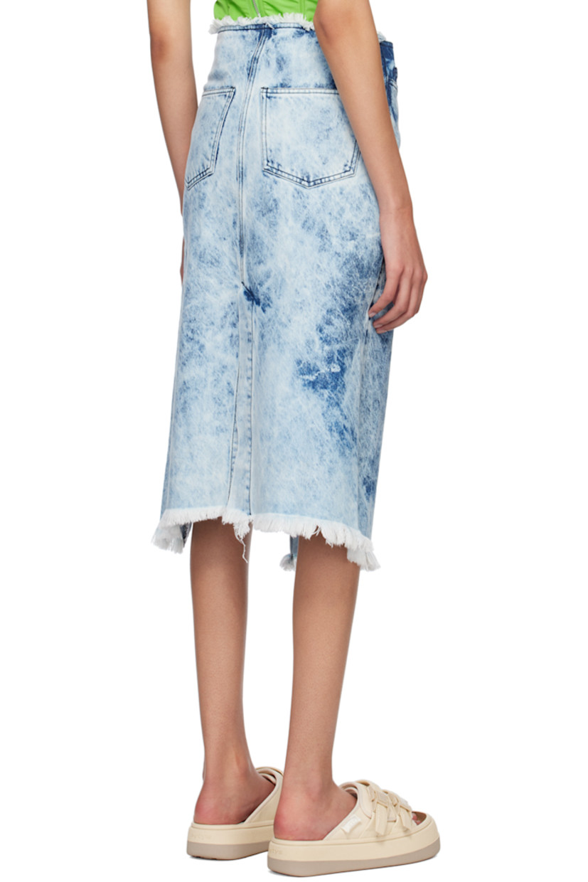 Recycled and organic cotton-blend non-stretch denim skirt. Frayed detailing and bleached effect throughout.

· Wrap construction
· Integrated pin-buckle belt at waist
· Four-pocket styling
· Offset vent at front hem
· Central vent at back hem
· Silver-tone hardware

Supplier color: Acid wash