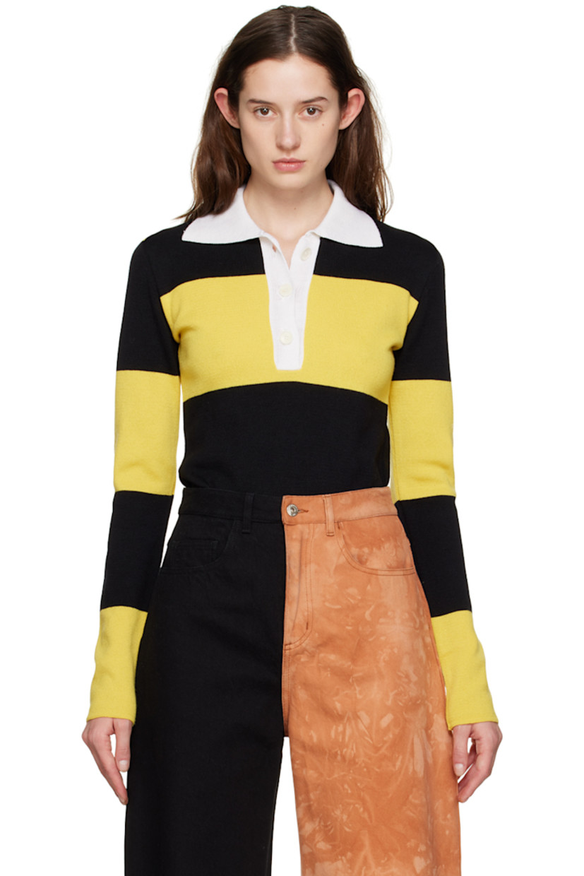 Knit merino wool polo. Stripes throughout.

· Rib knit spread collar
· Three-button placket

Supplier color: Yellow/Black