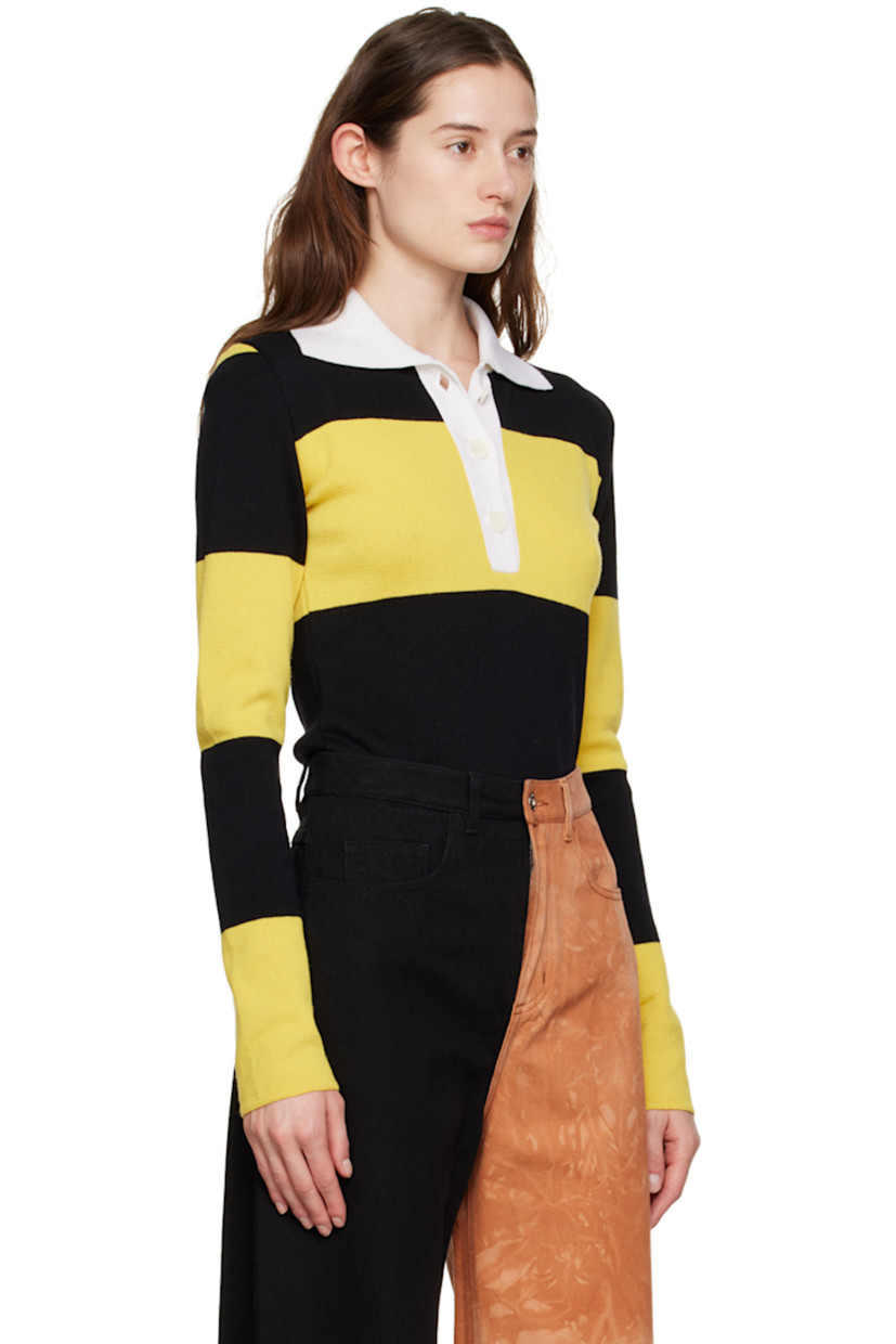 Knit merino wool polo. Stripes throughout.

· Rib knit spread collar
· Three-button placket

Supplier color: Yellow/Black