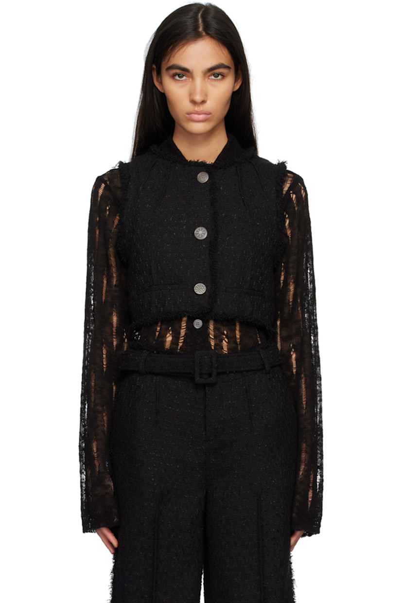 Polyester- and cotton-blend tweed vest. Fringed detailing at edges.

· Band neck
· Button closure
· Mock welt pockets
· Cropped hem
· Locker loop at back collar
· Box pleat at back yoke
· Partial cotton poplin lining
· Graphic gunmetal-tone hardware

Supplier color: Black