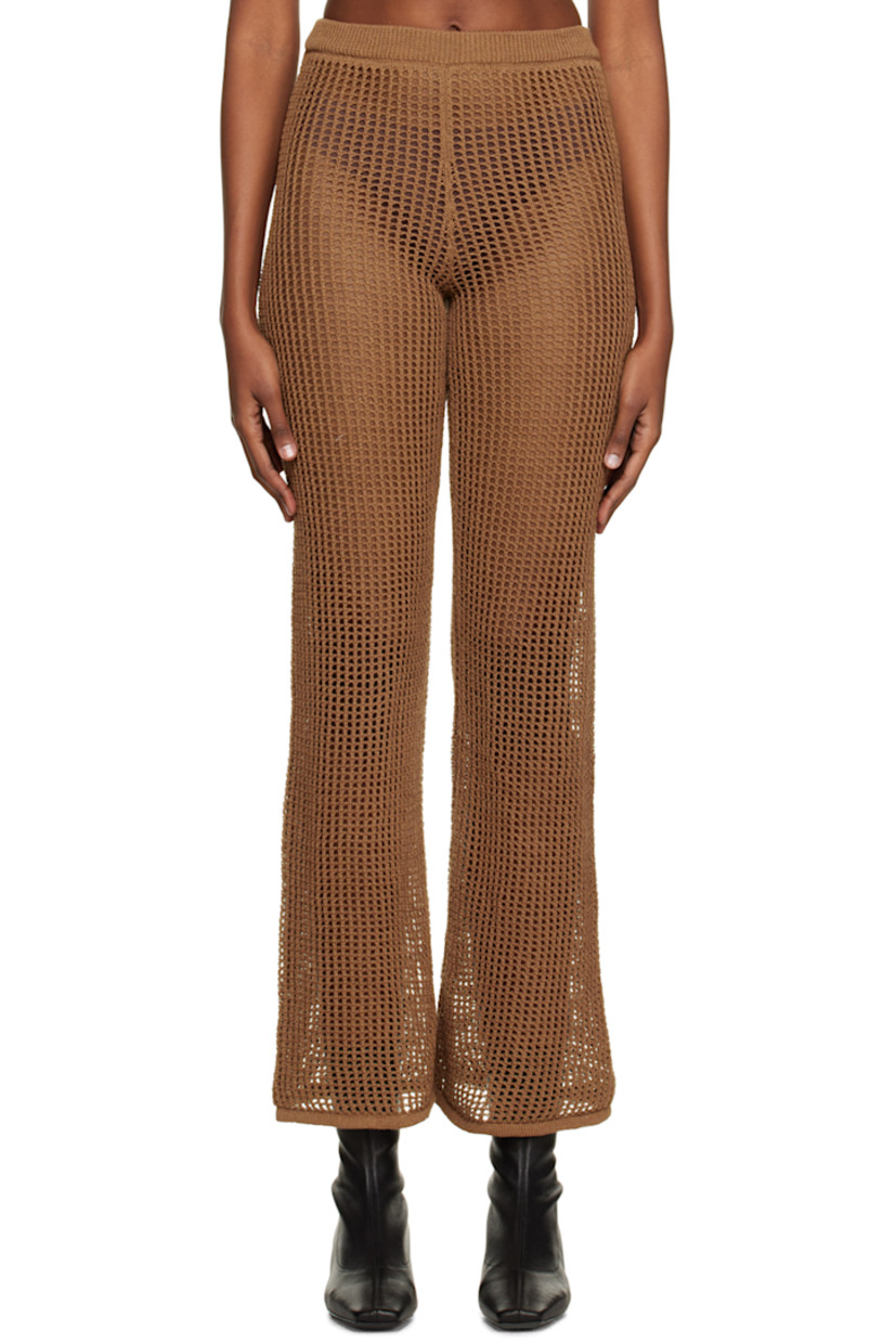 Open crochet knit cotton-blend lounge pants. Rib knit elasticized waistband and cuffs.

Supplier color: Chocolate