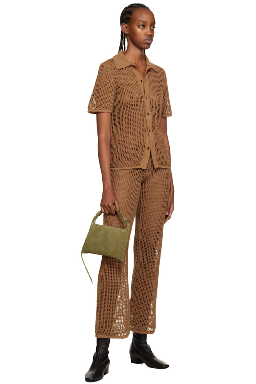 Open crochet knit cotton-blend lounge pants. Rib knit elasticized waistband and cuffs.

Supplier color: Chocolate
