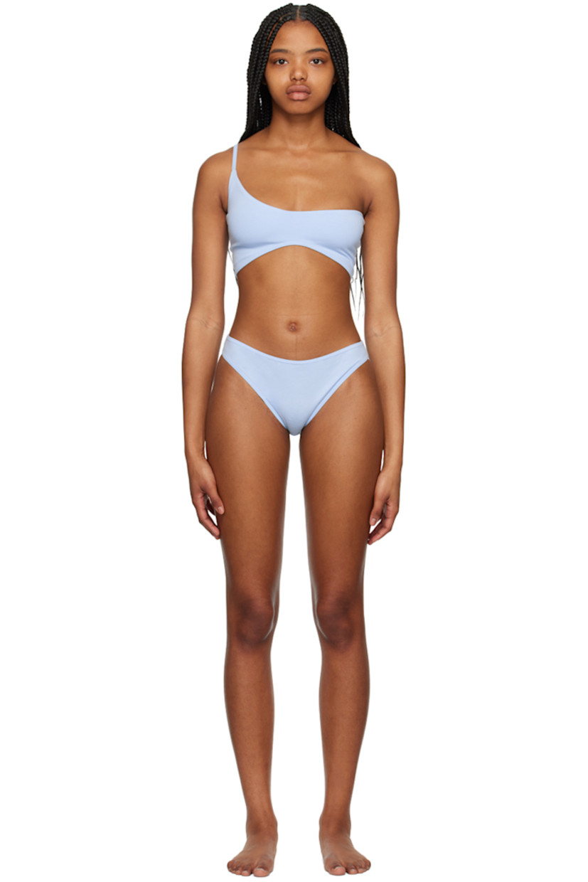 Stretch organic cotton jersey bra. 

· Single-shoulder construction
· Asymmetric neck and hem
· Fixed shoulder strap
· Fully lined

Stretch organic cotton jersey briefs.

· Elasticized waistband
· Partially lined

Supplier color: Sky