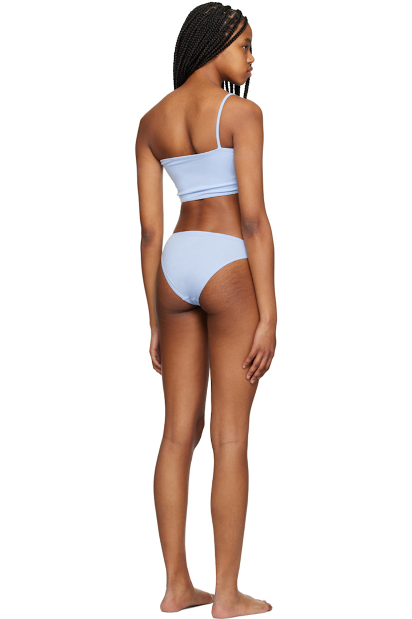 Stretch organic cotton jersey bra. 

· Single-shoulder construction
· Asymmetric neck and hem
· Fixed shoulder strap
· Fully lined

Stretch organic cotton jersey briefs.

· Elasticized waistband
· Partially lined

Supplier color: Sky