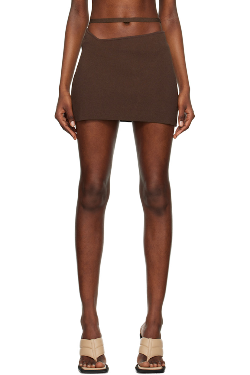 Rib knit stretch viscose-blend skirt. Cutout at waistband.

Supplier color: Brown