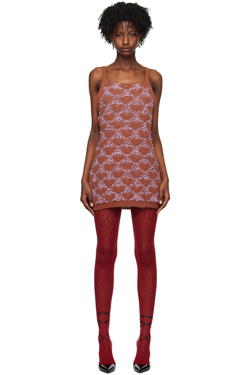 Knit cotton- and linen-blend dress. Jacquard bouclé pattern throughout.

· Rib knit round neck and hem
· Fixed shoulder straps

Supplier color: Brown/Liliac