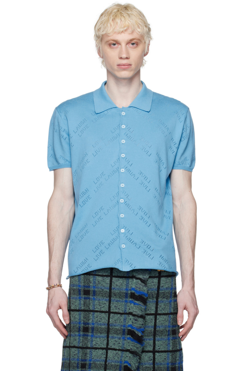 Cotton jersey shirt. Text perforated throughout.

· Spread collar
· Button closure
· Rib knit cuffs
· Rolled edge at hem

Supplier color: Youwie jersey fiordo