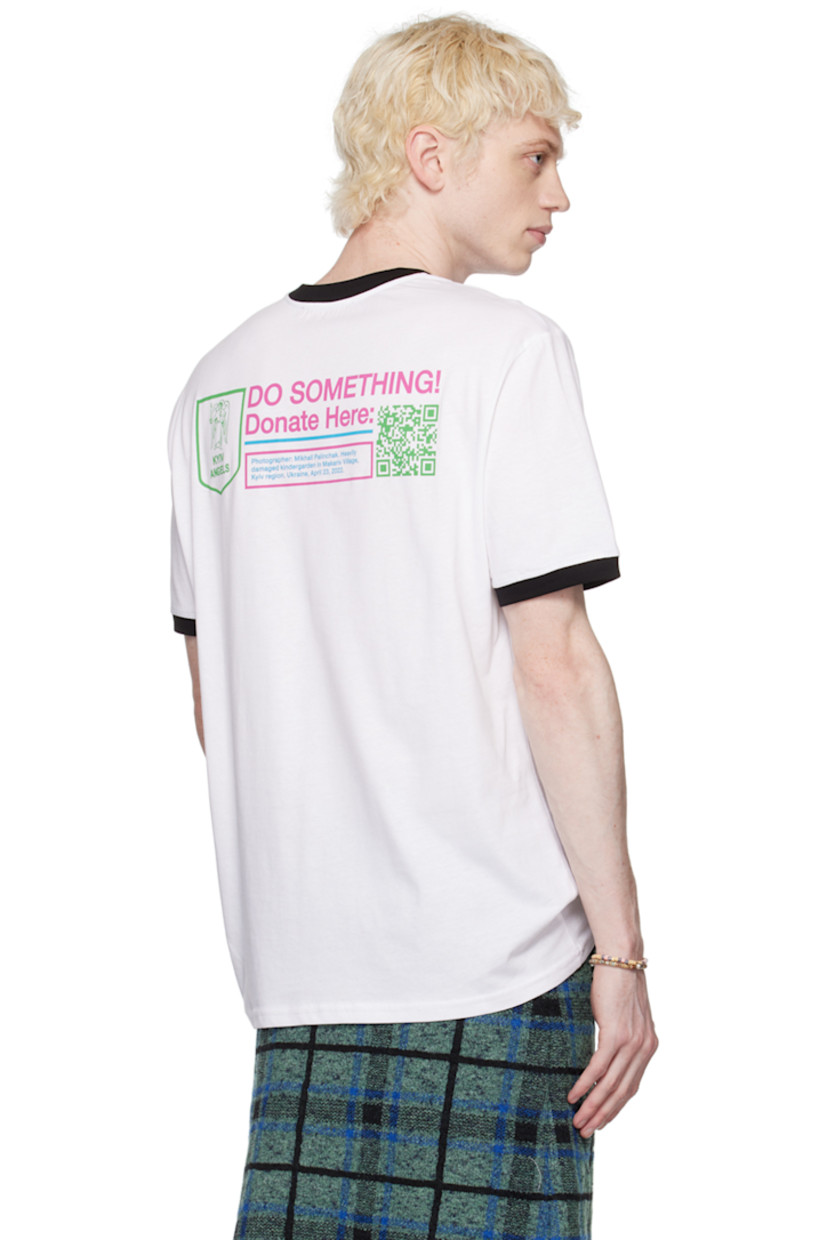 Cotton jersey t-shirt.

· Rib knit crewneck and cuffs
· Graphic printed at front
· Graphic, text, and QR code printed at back

Supplier color: White