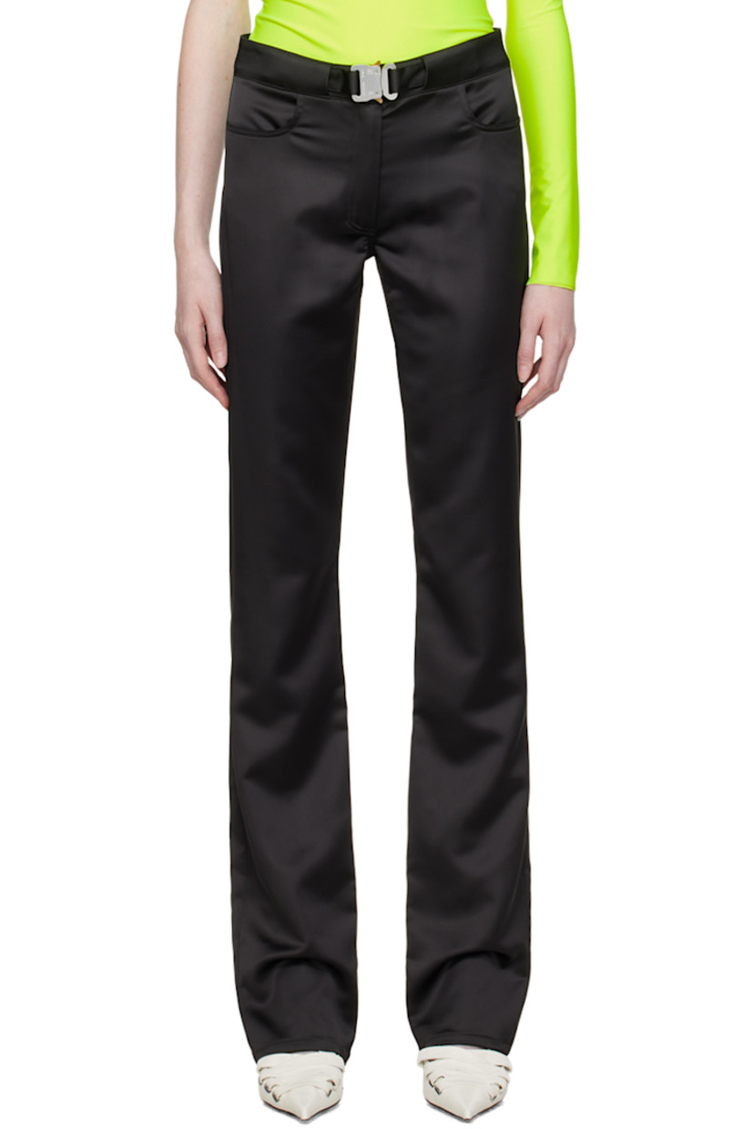 Stretch polyester satin trousers. 

· Integrated press-release belt 
· Four-pocket styling 
· Zip-fly 
· Logo-engraved silver-tone hardware 

Supplier color: Black