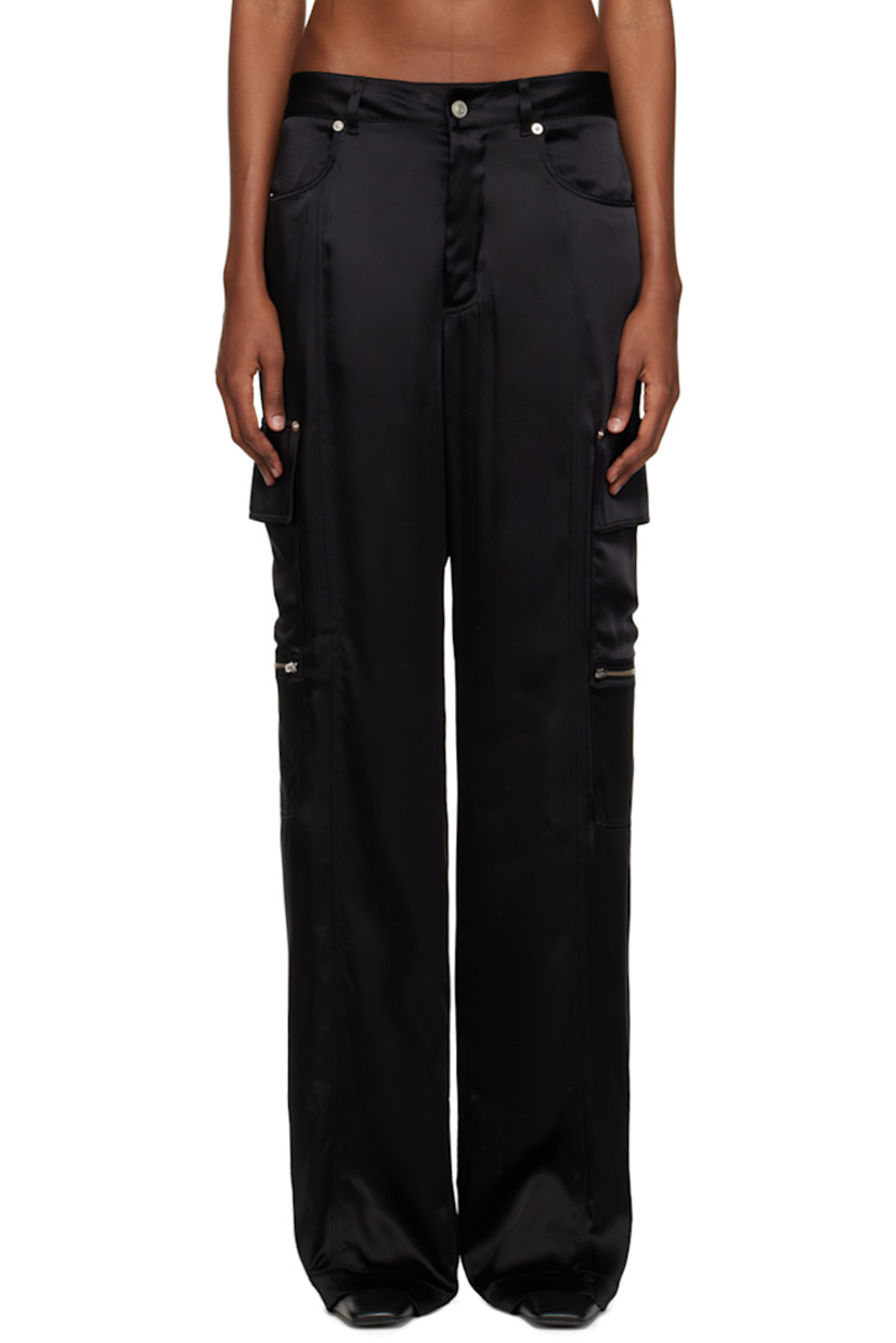 Acetate- and viscose-blend satin trousers. 

· Belt loops
· Four-pocket styling
· Zip-fly
· Flap pocket and zip pocket at outseams

Supplier color: Black