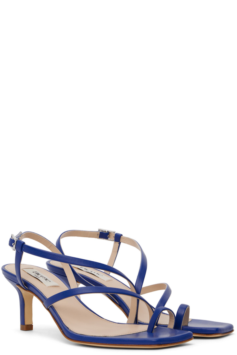 Buffed lambskin heeled sandals in blue.

· Open square toe
· Straps at vamp
· Adjustable pin-buckle slingback strap
· Logo patch at padded leather footbed
· Covered kitten heel with rubber injection
· Leather sole
· Heel: H2.5 in

Supplier color: Blue