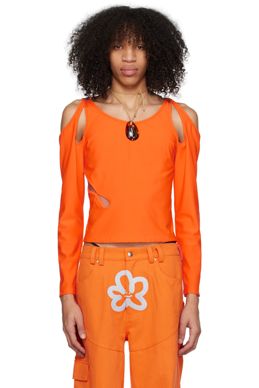Stretch nylon jersey T-shirt.

· Scoop neck 
· Cutout at side seam and shoulders

Supplier color: Orange