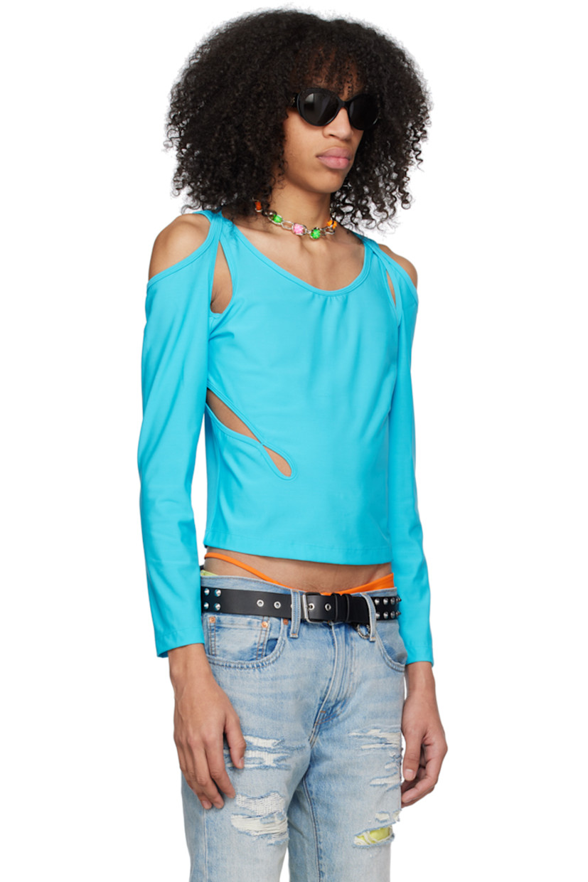 Stretch nylon jersey T-shirt.

· Scoop neck 
· Cutout at side seam and shoulders

Supplier color: Turquoise
