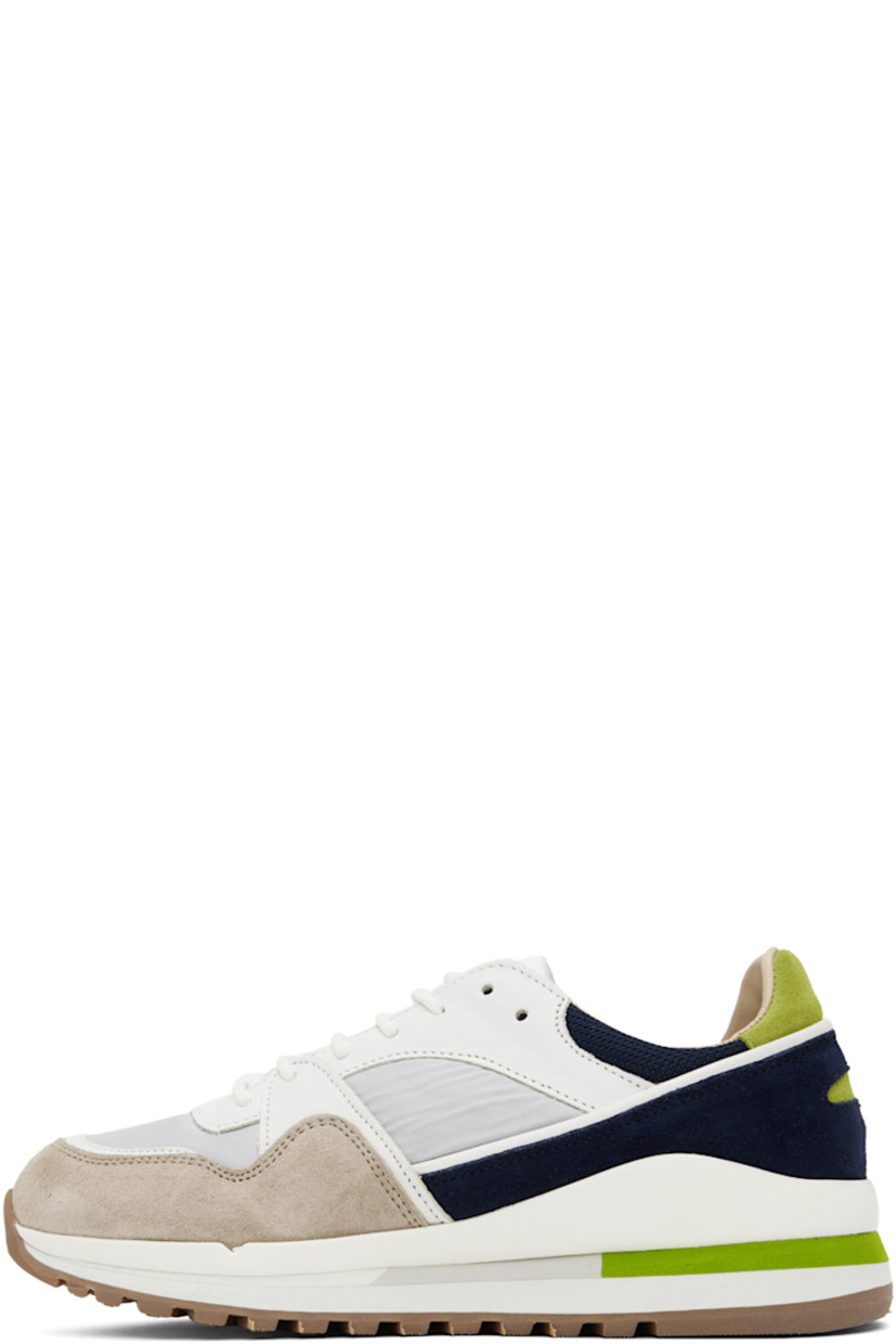 Low-top paneled canvas, nappa leather, and suede sneakers in multicolor. 

· Lace-up closure
· Padded tongue and collar
· Rubberized trim at welt
· Mesh and buffed calfskin lining 
· Foam rubber midsole
· Treaded rubber outsole

Supplier color: Sand