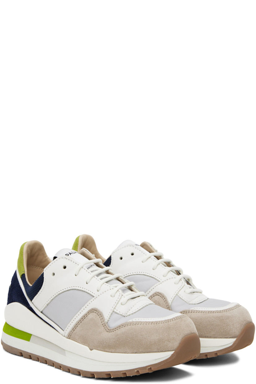 Low-top paneled canvas, nappa leather, and suede sneakers in multicolor. 

· Lace-up closure
· Padded tongue and collar
· Rubberized trim at welt
· Mesh and buffed calfskin lining 
· Foam rubber midsole
· Treaded rubber outsole

Supplier color: Sand