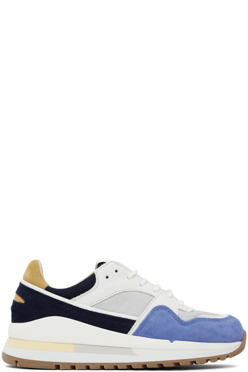Low-top paneled canvas, nappa leather, and suede sneakers in multicolor.

· Lace-up closure
· Padded tongue and collar
· Rubberized trim at welt
· Mesh and buffed calfskin lining 
· Foam rubber midsole
· Treaded rubber outsole

Supplier color: Blue