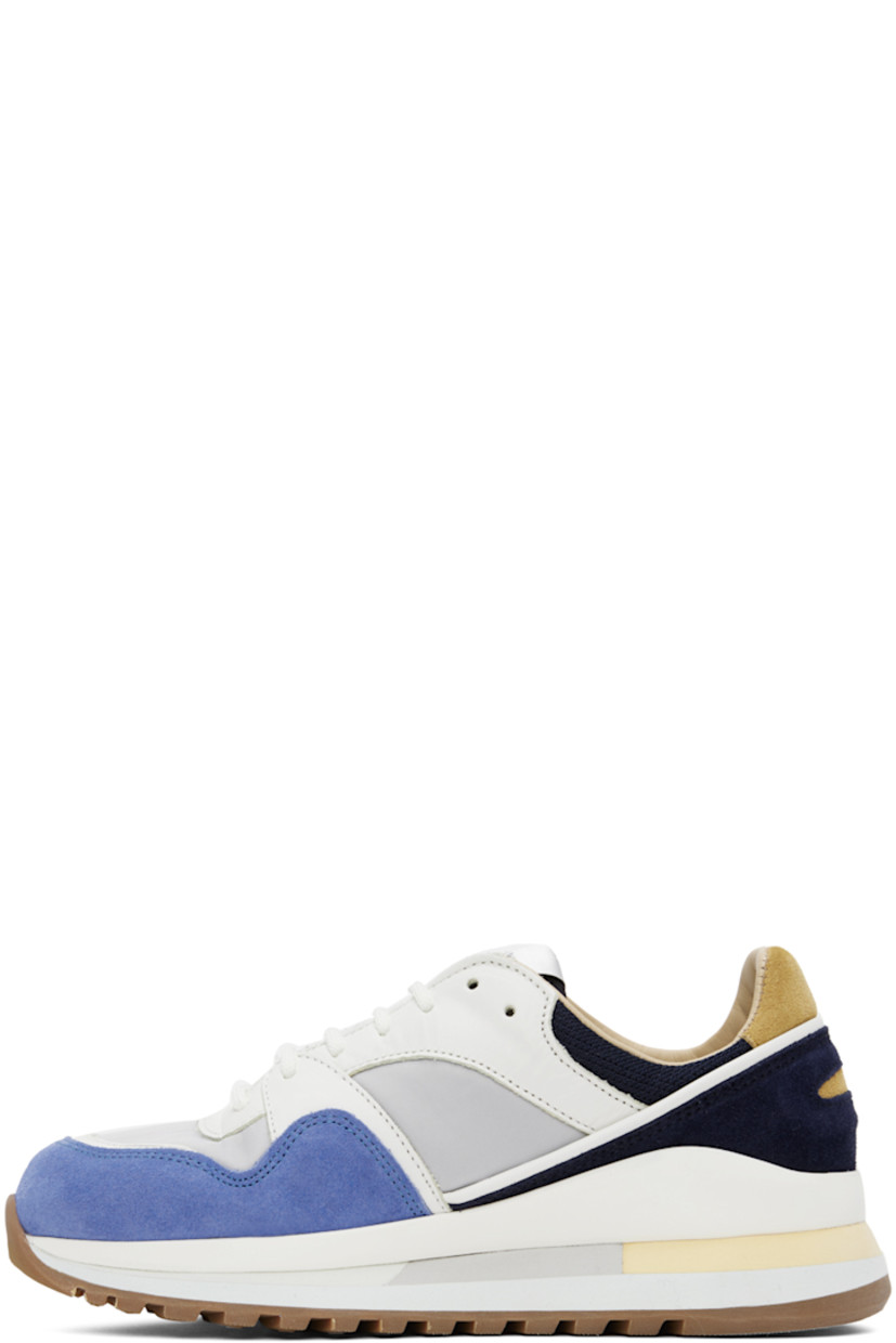 Low-top paneled canvas, nappa leather, and suede sneakers in multicolor.

· Lace-up closure
· Padded tongue and collar
· Rubberized trim at welt
· Mesh and buffed calfskin lining 
· Foam rubber midsole
· Treaded rubber outsole

Supplier color: Blue