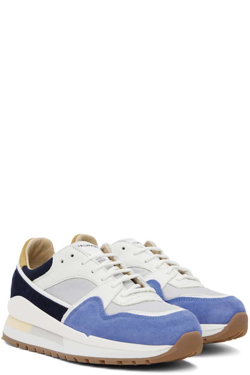 Low-top paneled canvas, nappa leather, and suede sneakers in multicolor.

· Lace-up closure
· Padded tongue and collar
· Rubberized trim at welt
· Mesh and buffed calfskin lining 
· Foam rubber midsole
· Treaded rubber outsole

Supplier color: Blue