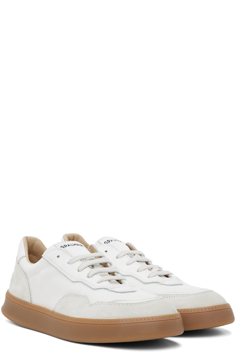Low-top paneled canvas, nappa leather, and suede sneakers in off-white and gray.

· Lace-up closure
· Padded tongue and collar
· Serrated detailing at welt
· Mesh and buffed calfskin lining
· Treaded rubber sole

Supplier color: Off-white