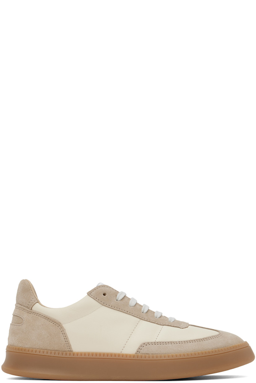 Low-top paneled buffed nappa leather and suede sneakers in tones of beige.

· Lace-up closure
· Padded tongue and collar
· Perforated detailing at inner side
· Buffed calfskin and mesh lining 
· Treaded rubber sole

Supplier color: Vanilla