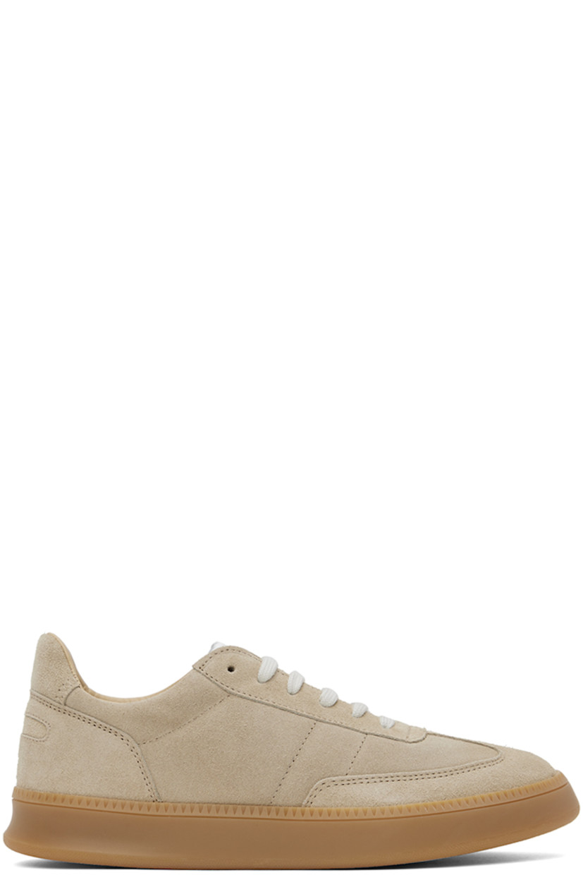 Low-top paneled suede sneakers in beige.

· Lace-up closure
· Padded tongue and collar
· Perforated detailing at inner side
· Buffed calfskin and mesh lining 
· Treaded rubber sole

Supplier color: Sand