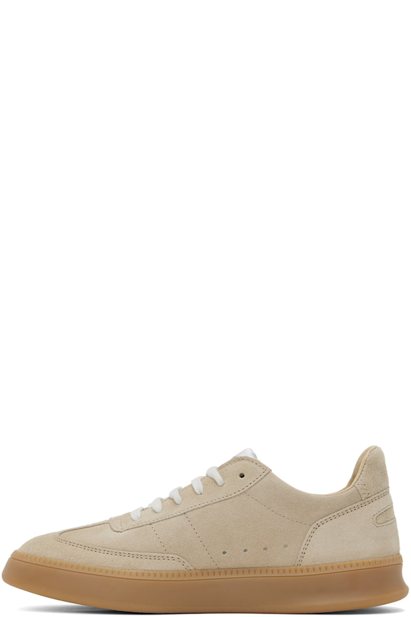 Low-top paneled suede sneakers in beige.

· Lace-up closure
· Padded tongue and collar
· Perforated detailing at inner side
· Buffed calfskin and mesh lining 
· Treaded rubber sole

Supplier color: Sand