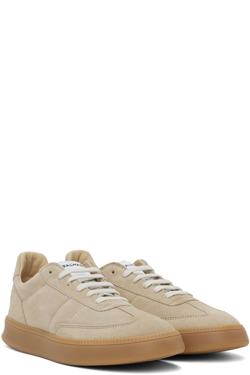 Low-top paneled suede sneakers in beige.

· Lace-up closure
· Padded tongue and collar
· Perforated detailing at inner side
· Buffed calfskin and mesh lining 
· Treaded rubber sole

Supplier color: Sand