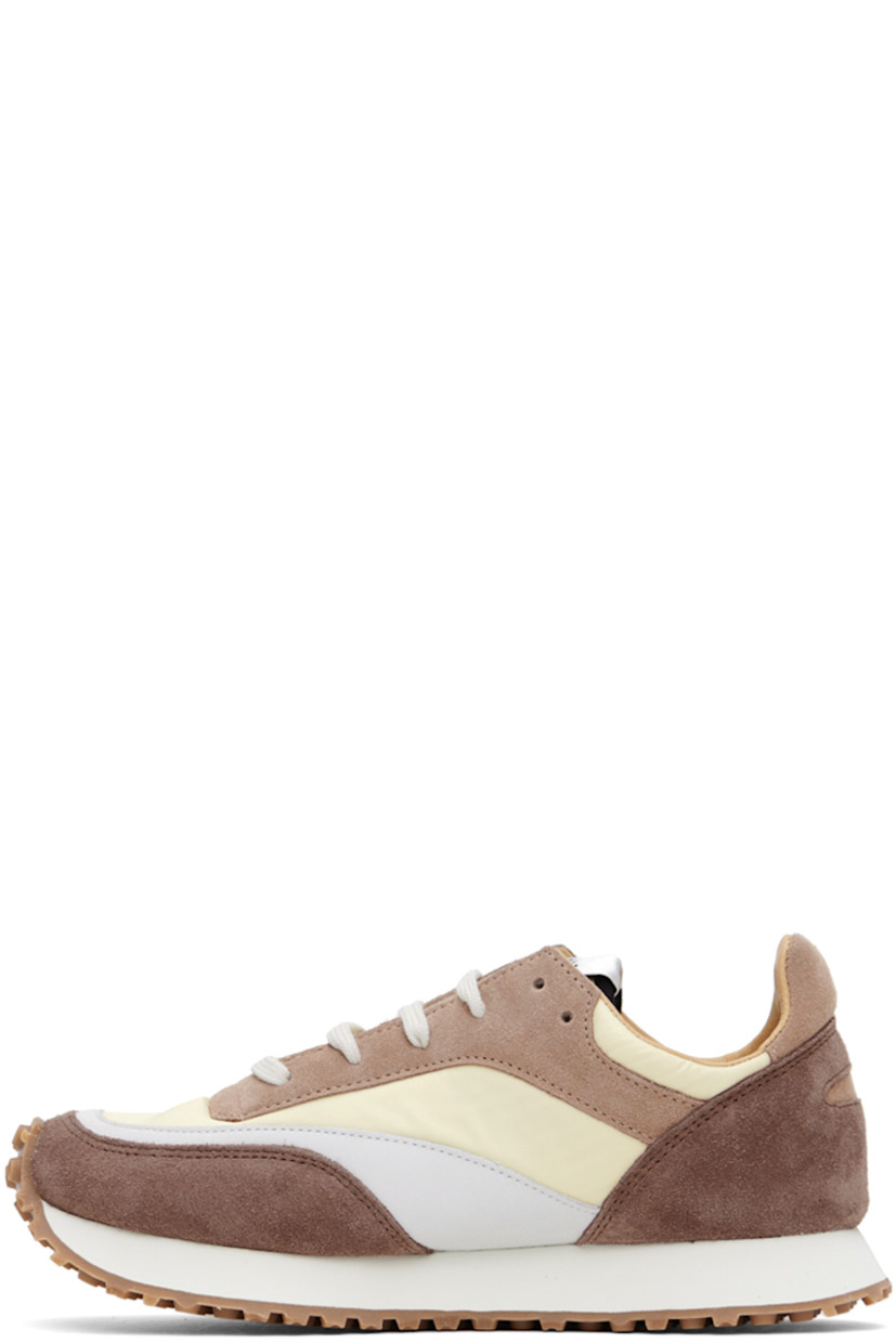 Low-top paneled suede, nubuck, and canvas sneakers in brown and beige.

· Lace-up closure
· Logo patch at padded tongue
· Padded collar
· Buffed leather and mesh lining
· Foam rubber midsole
· Treaded rubber outsole

Supplier color: Nougat