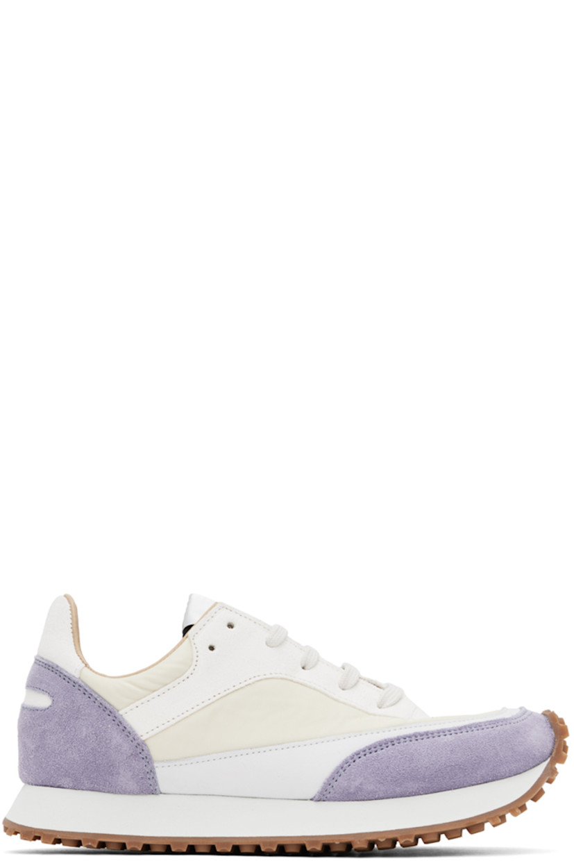 Low-top paneled suede, nubuck, and nylon twill sneakers in white and purple.

· Lace-up closure
· Padded tongue and collar
· Buffed leather and mesh lining
· Foam rubber midsole
· Treaded rubber outsole

Supplier color: Lavender