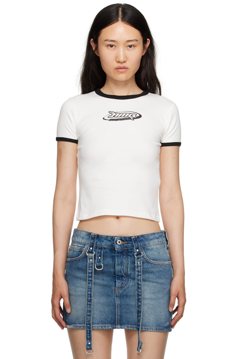 Cotton jersey T-shirt.

· Rib knit crewneck and cuffs 
· Logo graphic bonded at front 

Supplier color: White/Black