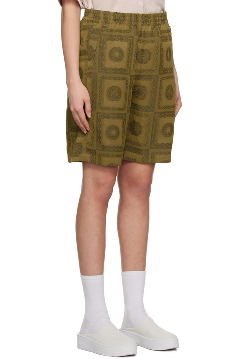 Plain-woven polyester-blend shorts. Jacquard graphic pattern throughout.

· Concealed drawstring at elasticized waistband
· Four-pocket styling
· Full cupro satin lining

Supplier color: Olive