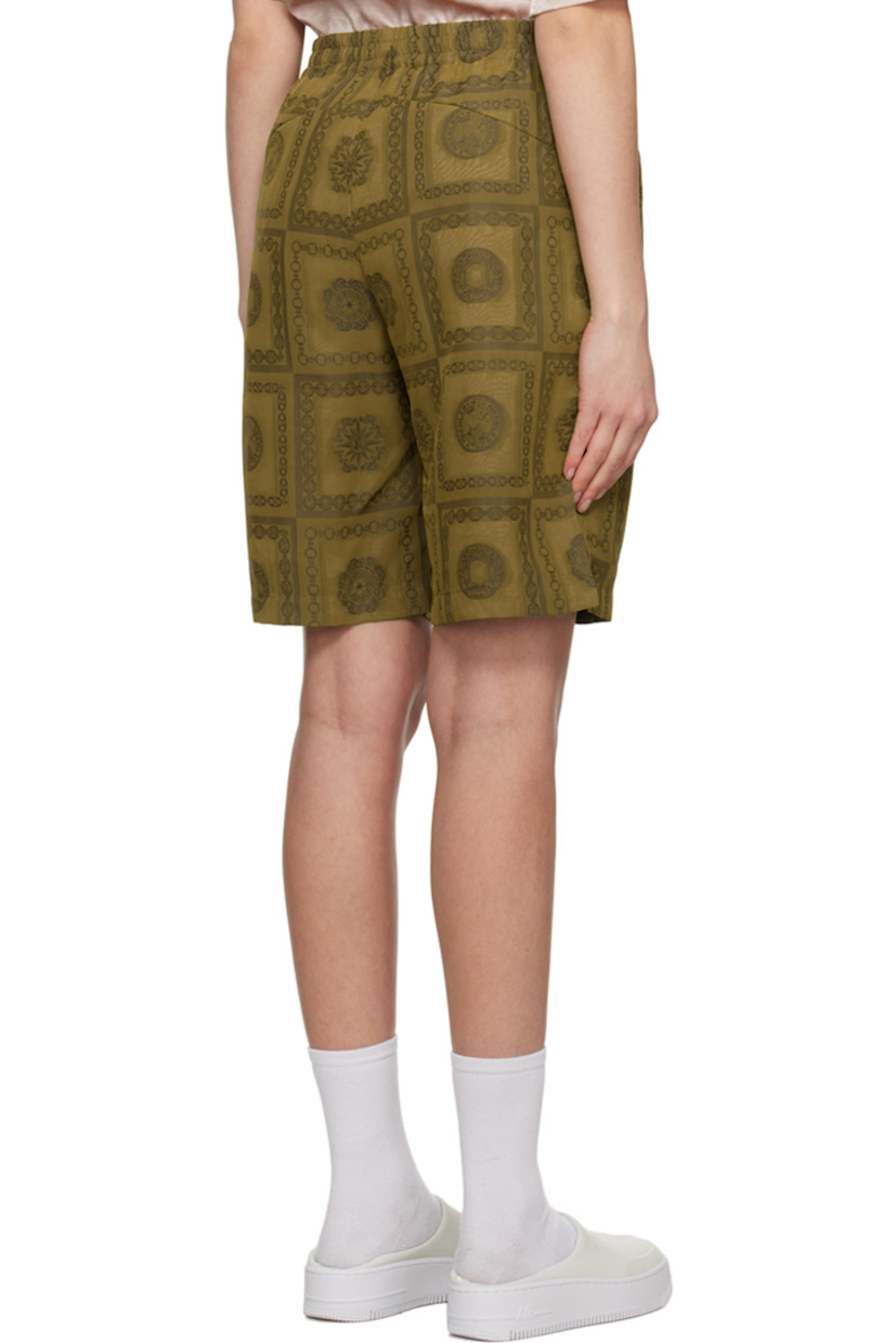 Plain-woven polyester-blend shorts. Jacquard graphic pattern throughout.

· Concealed drawstring at elasticized waistband
· Four-pocket styling
· Full cupro satin lining

Supplier color: Olive