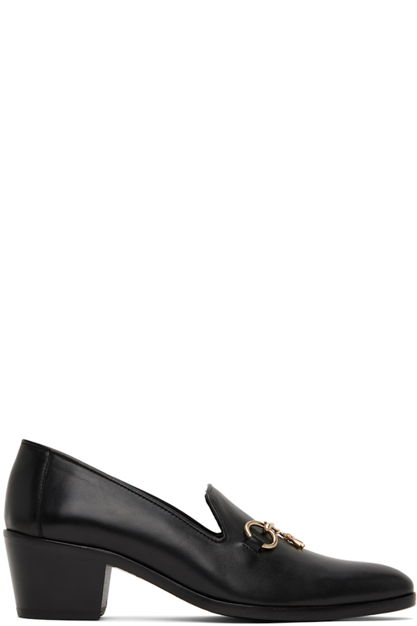 Polished calfskin loafers in black. 

· Pointed toe 
· Horsebit hardware with charm at vamp
· Grained calfskin lining 
· Stacked wooden heel with rubber injection
· Leather sole
· Heel: H1.5 in 

Supplier color: Black