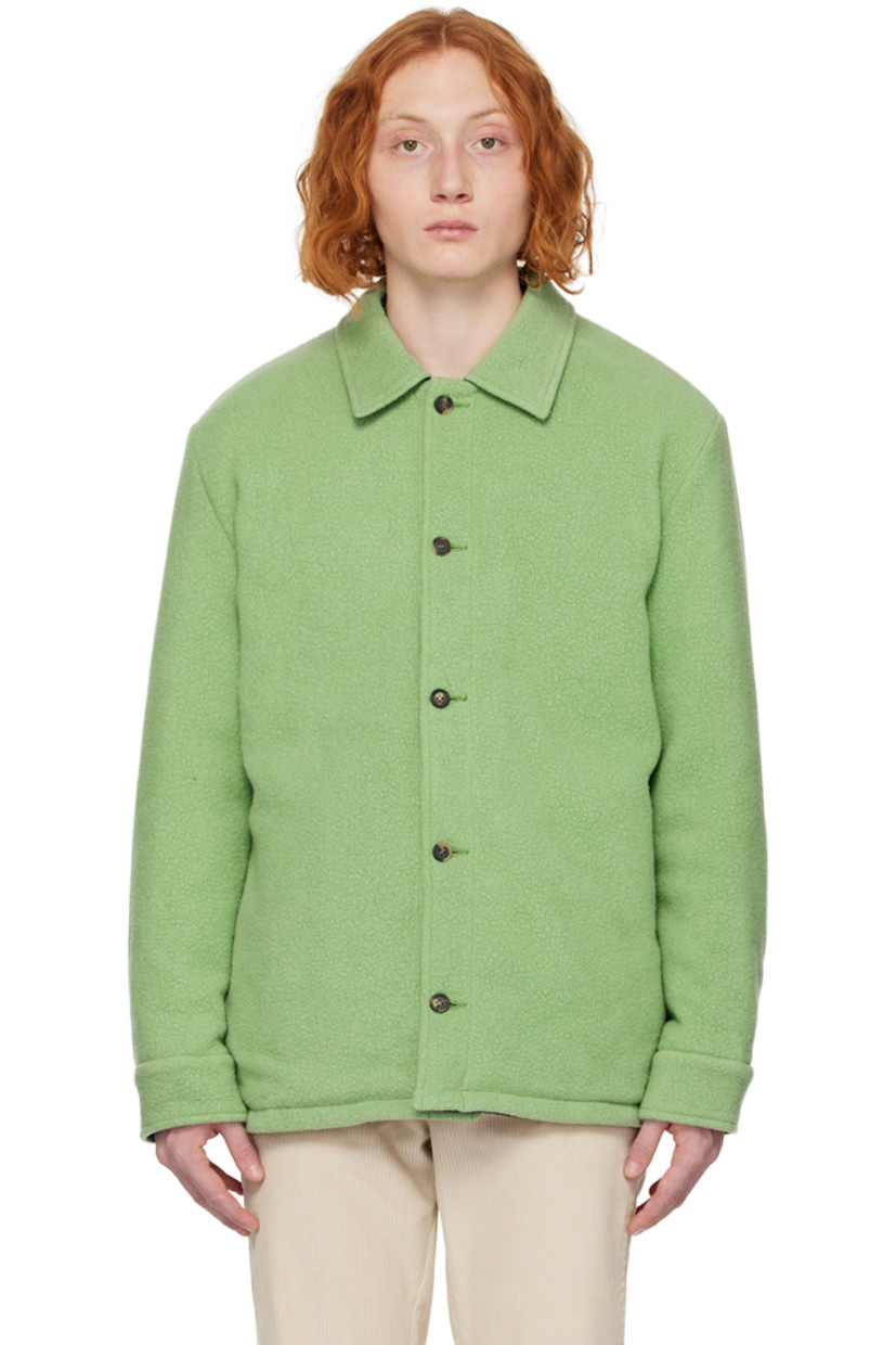 Insulated recycled cashmere bouclé jacket.

Reverse in navy recycled nylon satin.

· Spread collar
· Button closure
· Flap pockets and seam pockets
· Single-button barrel cuffs

Supplier color: Aventurine green