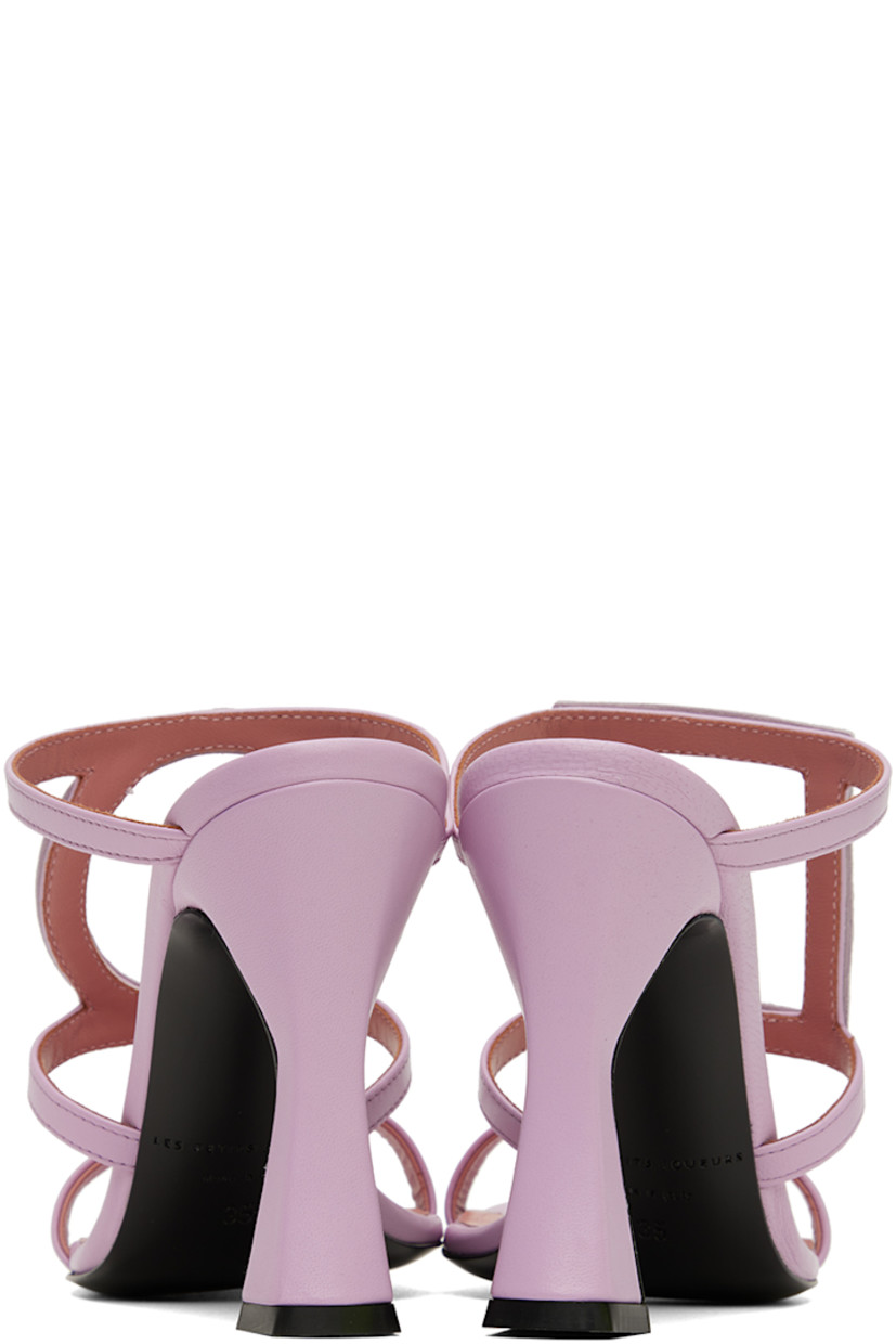 Grained nappa calfskin heeled sandals in purple.

· Open square toe
· Crystal-cut graphic appliqué at vamp
· Logo patch at padded footbed
· Covered heel with rubber injection
· Leather outsole
· Heel: H3.75 in

Supplier color: Lilac