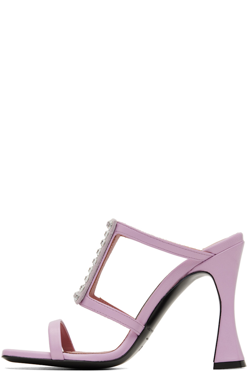 Grained nappa calfskin heeled sandals in purple.

· Open square toe
· Crystal-cut graphic appliqué at vamp
· Logo patch at padded footbed
· Covered heel with rubber injection
· Leather outsole
· Heel: H3.75 in

Supplier color: Lilac