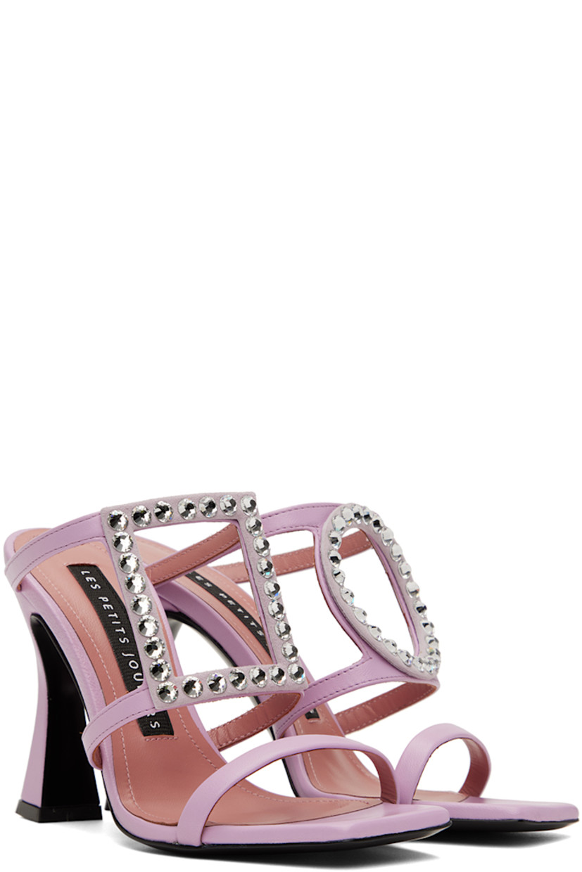 Grained nappa calfskin heeled sandals in purple.

· Open square toe
· Crystal-cut graphic appliqué at vamp
· Logo patch at padded footbed
· Covered heel with rubber injection
· Leather outsole
· Heel: H3.75 in

Supplier color: Lilac