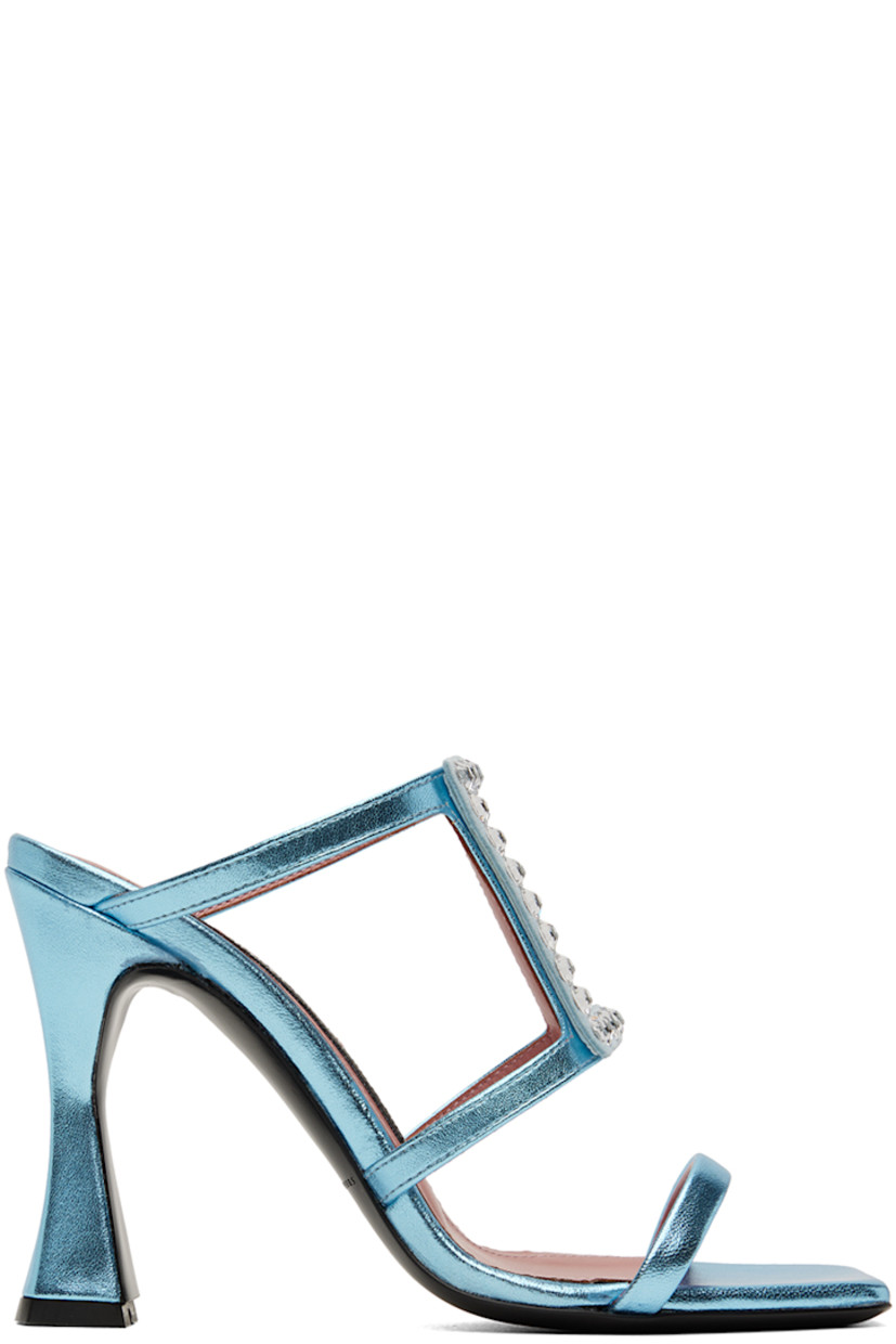 Grained nappa calfskin heeled sandals in blue.

· Open square toe
· Crystal-cut graphic appliqué at vamp
· Logo patch at padded footbed
· Covered heel with rubber injection 
· Leather outsole
· Heel: H3.75 in

Supplier color: Blue
