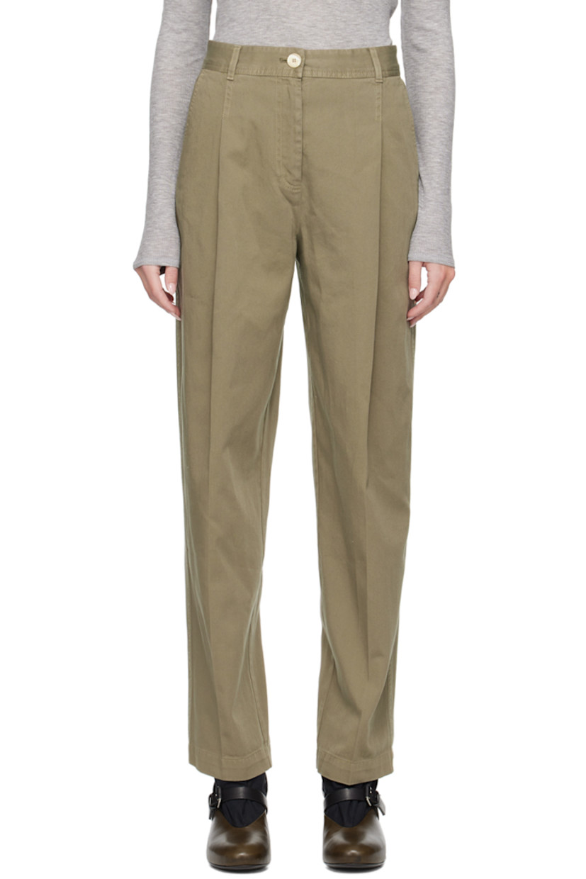 Tapered organic cotton twill trousers.

· Mid-rise
· Belt loops
· Four-pocket styling
· Zip-fly
· Pleats at front

Supplier color: Artichoke