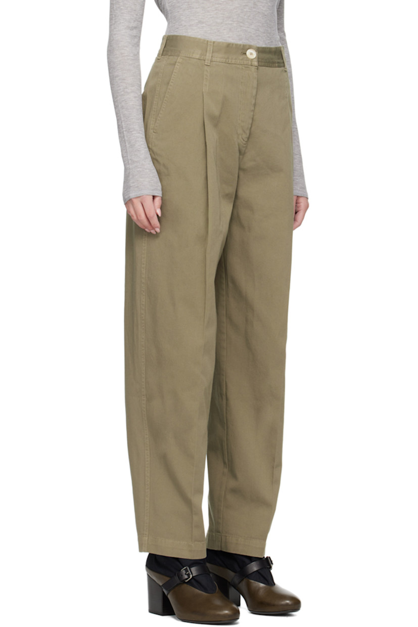 Tapered organic cotton twill trousers.

· Mid-rise
· Belt loops
· Four-pocket styling
· Zip-fly
· Pleats at front

Supplier color: Artichoke