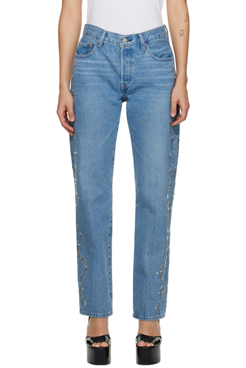 Non-stretch denim jeans. Studs and crystal-cut detailing throughout. 

· Belt loops
· Five-pocket styling
· Button-fly
· Logo patch at back waistband
· Logo flag at back pocket
· Logo-engraved bronze-tone hardware
· Contrast stitching in yellow 

Part of the Spring 2023 capsule collection.

Available exclusively at SSENSE. 

Supplier color: Blue